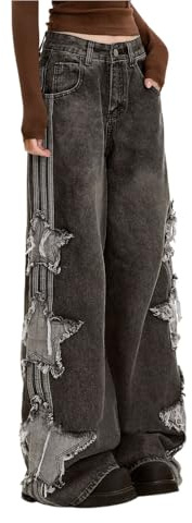 Baggy Jeans per la Donna Ragazze Stella Patchwork Vita Alta Carino Jeans Y2k Streetwear Pantaloni Larghi Grunge Emo Abbigliamento (Nero,L)