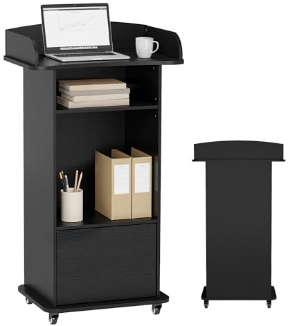 SOCOMFAY Leggio in Legno, Pult in Piedi su Ruote, con Funzione da Tavolo per Laptop e 3 Ripiani, Leggio Ideale per Chiese, Conferenze, Scuole e Seminari (Nero)