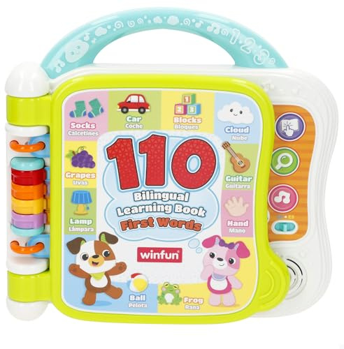 Winfun Libro de Aprendizaje bilingüe, Español e inglés, 11 páginas Coloridas, 3 Modos de Juego, 10 categorías, Sonidos y melodías, Asa de Agarre, Libros educativos, Juguetes niños +12 Meses (39369)