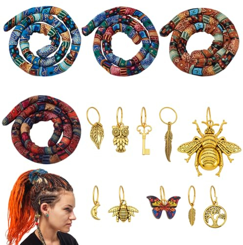 AHANDMAKER 4Pcs Spiral Lock Hair Tie with 10Pcs Gold Braids Charms, Colorful Long Dreadlock Accessories Iron Wire Embedded Bendable Ponytail Holders for Women and Men with Thick Curly Hair
