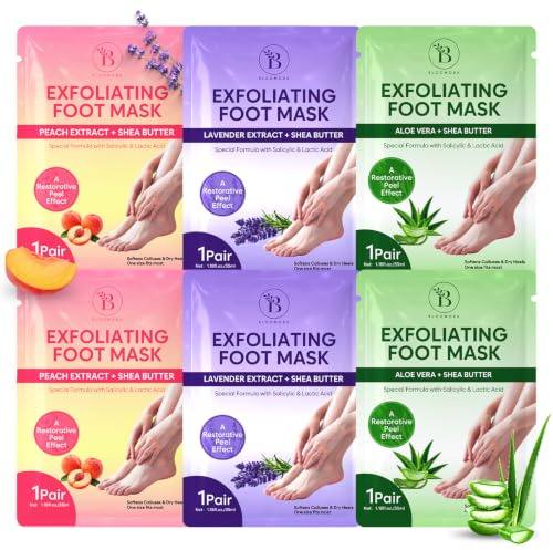 Fotmask (6 par), fotavskalningsmask med lavendel, aloe vera, persika och sheasmör, exfolierande hornhinnestrumpor för kvinnor och män, en storlek