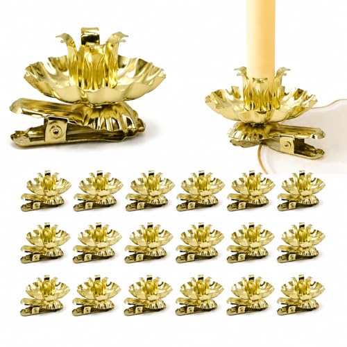 Set di 20 portacandele riutilizzabili per albero di Natale con clip in metallo, design vintage dorato, con vassoio antigoccia e giunto regolabile, per rami fino a 1,5 cm e candele Ø 1,5 cm