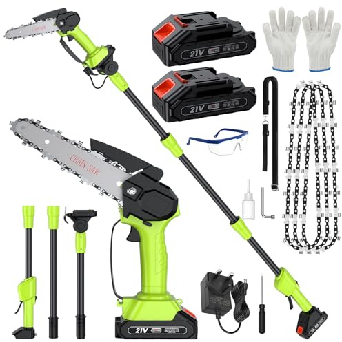 Cordless Pole Saw 12.47Ft, 2 in 1 Long Reach Saw & Handheld Chainsaw 6'', 90° Adjustable Head 2 * 4.0 Ah Rechargeable Battery Electric Extension Pole Chainsaw 4* Chain for Garden Tree Trimming