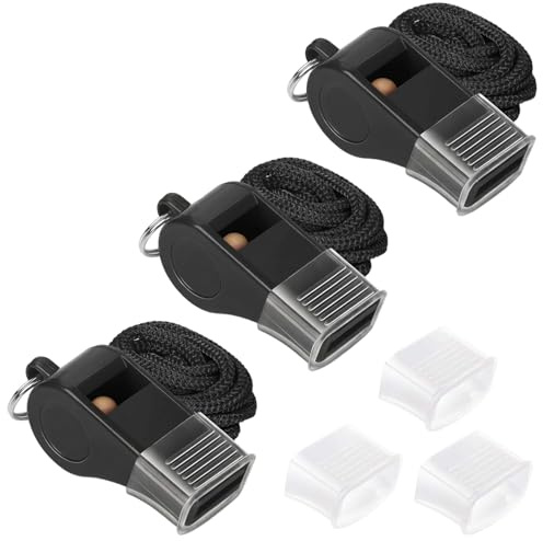 BCHMN Pack de 3 Silbatos Árbitro Profesional con Cordón y Protector Bucal, Silbato Deportivo de 130 dB para Entrenador de Fútbol, Baloncesto y Voleibol, Silbatos Negros de Alta Sonoridad
