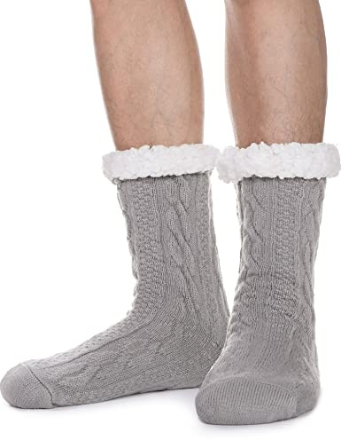 PROETRADE Chaussettes Hommes 43-46, Chaussettes chaussons pilou pilou homme pour l'hiver, Chaussette cadeau noel thermique chaude en polaire épaisse antidérapante (Gris clair)