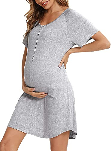 Uniexcosm Camicie Notte Donna, Camicia da Notte Parto Ospedale Camicia da Notte Allattamento con Bottoni Scollo a V Camicia Premaman Manica Corta Raglan Adatto Casa Rete Grigio Chiaro M