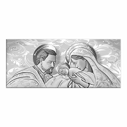 Lupia - Quadro Moderno Sacra Famiglia, su tela poliestere con brillantini Glitter, Natività BRILLANT 52x122 cm THE KISS SHABBY GREY, Adatto per Soggiorno e capezzale Camera da Letto, Grigio