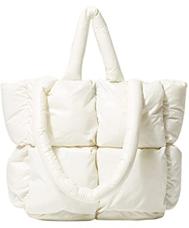 Puffer tygväska för kvinnor quiltad puffig handväska lätt vinter dun bomull vadderad axelväska ner stoppning tygväska, Vitt, 14.17x11.02x4.92in, tote