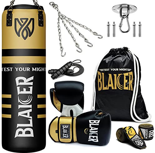 BLAICER Saco de Boxeo Adulto sin Relleno Equipado con Guantes Boxeo, Vendas Protectoras, Comba, Cadena Giratoria, Soporte para Colgar y Bolsa Poliéster – Completo Kit para Boxear en Casa