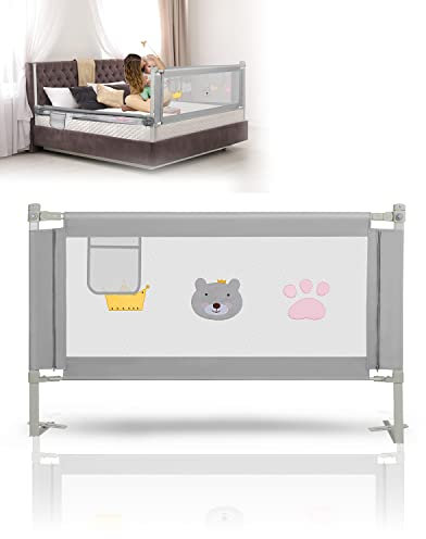 Herrselsam Rejilla de protección para cama infantil de 150 cm, altura ajustable, protección contra caídas cama para niños, rejilla para cuna con malla ventilada, para cama familiar y cuna, gris