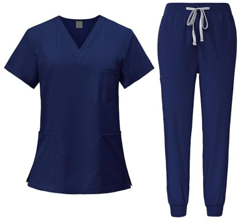 Baoblaze Women Uniform Scrubs Set Top and Pants Durable V Neck Comfortable with Pockets Work Clothing Nurse Workwear for Beauty Center, Navy Blue, XL