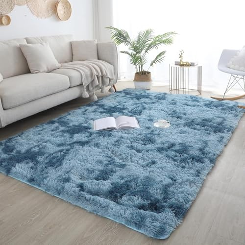 ISMOL Weicher Flauschiger Zottelteppich Wohnzimmer Schlafzimmer Flächenteppich Waschbarer Rutschfester Teppich Im Freien Flur Moderner Dekorativer Teppich(Dunkelblau, 90x150cm)
