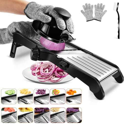 MASTERTOP Mandolina Cucina Regolabile in Inox, Mandoline Affettatrice Professionale con Lama Affilata Integrata, Mandolina Giapponese con Diversi Spessori per Affettare, Julienne e Cialdare