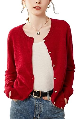 e-girl Gilet Cachemire 95% Femme Col Rond Rouge Solide Couleur Tricoté Mince Manches Longues Fin Cardigan en Cachemire et Laine,38,SPR2248