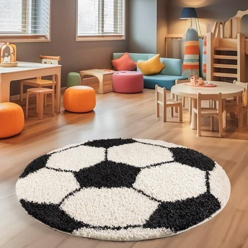 SIMPEX Hochflor Kinderteppich Rund Fußball Design Teppich Kinderzimmer Junge 120 cm Runder Teppich Schwarz und Weiß Spielteppich für Junge und Mädchen Extra Weich