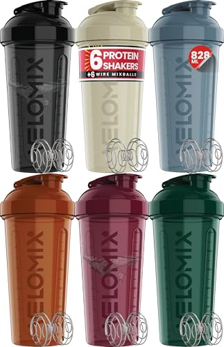 VELOMIX -6 PACK- 828ml Protein Shaker Bottle - 6x Wire Mixball for Lump-Free Shakes | Leak Proof Shaker for Protein Shakes | Protein Shake Bottle for Mixing Powdered Shakes | BPA-Free Shaker Cup