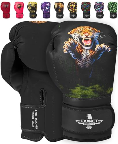 Exxact Sports Knockout Printed Youth Boxing Gloves for Kids (3-10 Years) with Padded Protection and Wrist Support, Durable Engineered Leather Kids Boxing Gloves for Boys and Girls (Leopard, 4OZ)