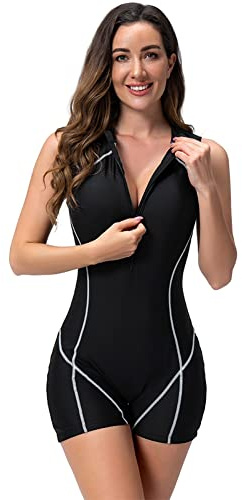 Odizli Swimming Costume Women Shorts Sports Sleeveless Zip Up Modest Swimwear One Piece Boyleg Swimsuits Full Body Muslim Burkini Ladies Rash Guard Swim Wear Bathing Suits Wetsuit #1022 Black M