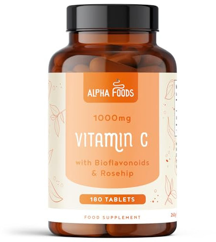 Vitamin C 1000mg | 180 Vegan VIT C Tablets [6 Month Supply] | High Strength Ascorbic Acid | with Added Bioflavonoids & Rosehip | for Normal Immune System | Alpha Foods