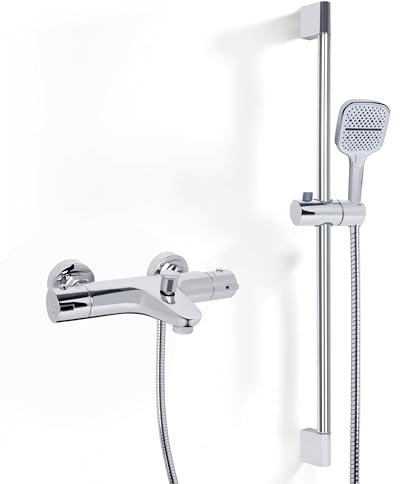 Ronvie Ensemble mitigeur bain/douche thermostatique mural avec barre de douche réglable (70 cm), tuyau de 150 cm et douchette à main à 3 jets, économie d'eau, finition chromée pour salle de bain