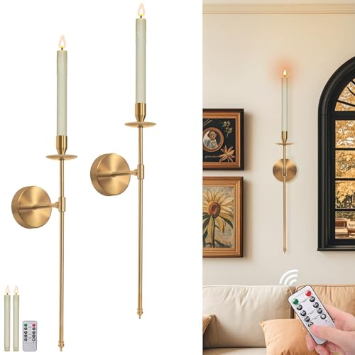 Yollzey Candle Holder Wall Sconces Set of 2 with Battery Operated Candles and Remote Control, Wall Sconces Home Decor, Battery Candles Candle Sticks Holder with Flameless Flickering Taper Timer Gold