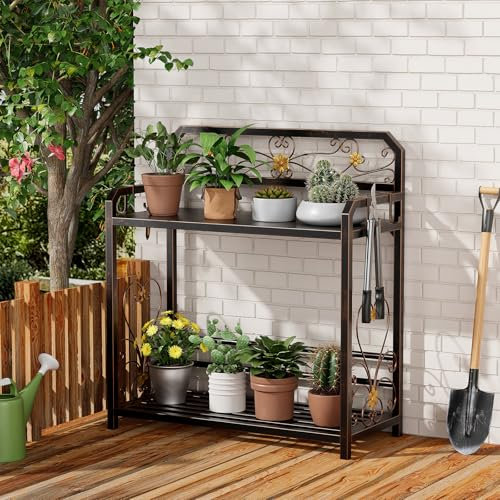 EHONXI Potting Bench, Outdoor Potting Table with 4 Side Hooks, All-Weather Gardening Table Work Station, Outside Garden Workbench, 505lbs Capacity, 18 D x 39 W x 44 H, Black