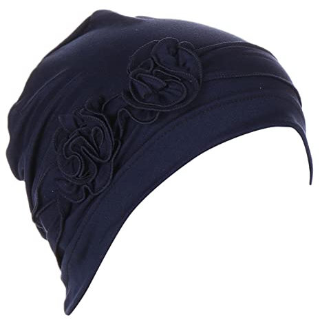 Bandeau pour femme avec nœud et fleur - Chapeau ethnique floral - Turban - Chapeau plissé - Bandeau solide noué, bleu marine, Taille unique