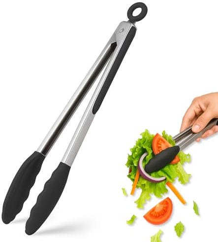 Pinzas de cocina, Pinzas de barbacoa, Pinza para cocinar, Material de acero inoxidable con silicona, Apta para alimentos, Pinza Ensalada, Libre de BPA, Mango Anti-Deslizante, Negro, Longitud 34 cm
