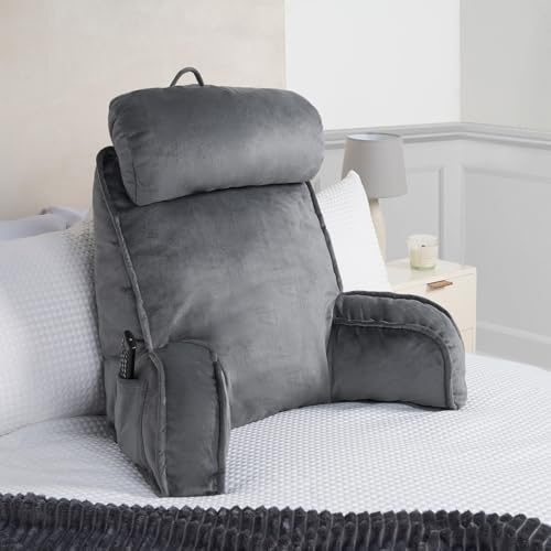 OHS Cuddle Cushion with Head Rest, Detachable Neck Roll Reading Pillow for Bed Adult Kids Soft High Back Support Cushion with Arms & Pocket Gaming Cushions for Boys Girls Sit Up in Bed Pillow, Grey
