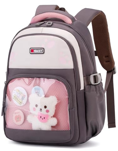 Tanou Rucksack Mädchen Kinder Schultasche, 19L Ergonomischer Schulrucksack für Mädchen 1. bis 3. Klasse, Modischer Nylon Kinderrucksack mit Reflektorstreifen, Grau Rosa
