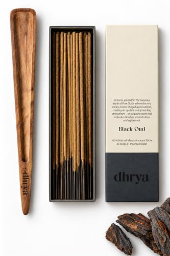 Dhrya Black Oud Incense Sticks with Rosewood Incense Holder, 33 Sticks | Hand Rolled Natural Masala, Black Oud, 30 Min Burn, Charcoal Free, Vegan, Meditation, Gift Ready
