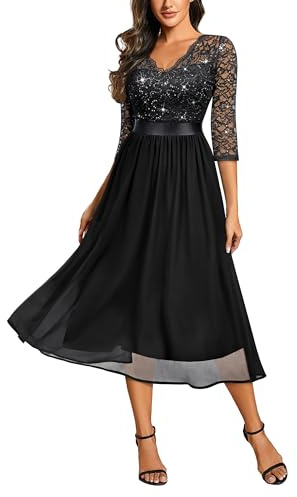MIUSOL Women's Retro V-Neck 3/4 Sleeves Sequin Lace Formal Business Cocktail Party Dress