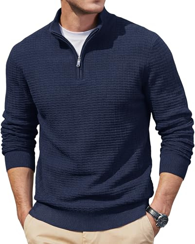 TACVASEN Mens Jumpers Quarter Zip Knitted Pullover Winter Sweater Navy M