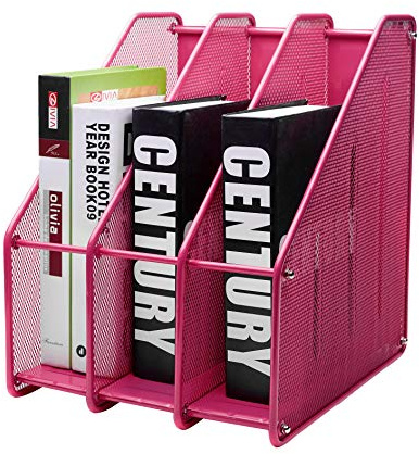 EXERZ Magazine Holder Triple Rack, Mesh Metal - 3 Compartments Vertical - Documents/ Notebooks/ Folder/ Organiser (Pink)