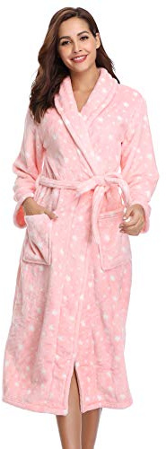 Vlazom Ladies Dressing Gown, Flannel Soft Robe Warm Fluffy Bathrobes with Hooded or Shawl Collar Long Robe for Cold Day UK 6-28