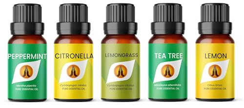 Insect Repellent Essential Oil Set | Peppermint, Citronella, Lemongrass, Tea Tree, Lemon 5 x 10ml | for Diffusers for Home, Aromatherapy, Gift for Him/Her, Candle Making, Soaps, Wax Melts, Sprays