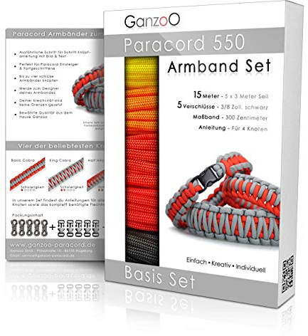 Ganzoo Paracord 550 DIY armband bastel- och knytset, Fire, nylon 4 mm med 7 kärntrådar, 5x3 m i 5 färger, 5 svarta klicklås 10 mm, instruktion 16 sidor med 4 knoptekniker, flexibelt måttband 300 cm