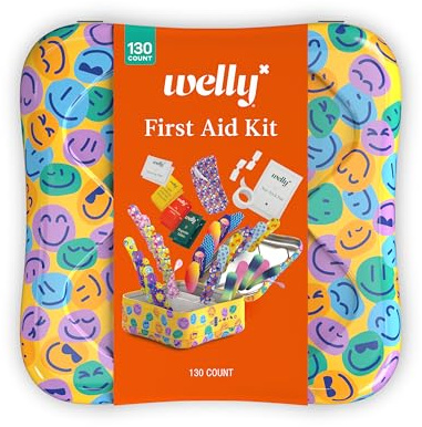 Welly First Aid Kit - Adhesive Flexible Fabric and Waterproof Bandages, Tape and Non-Stick Pads, Butterfly Strips, Single Use Ointments Triple Antibiotic and Hydrocortisone, and Ibuprofen - 130 Count