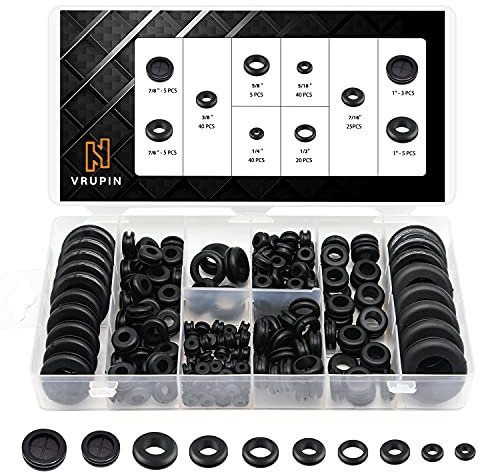 Vrupin RG-188 188 Pcs Rubber Grommets Kit - Rubber Washers for Wiring - 10 Different Sizes(1/4 inch, 5/16 inch, 3/8 inch, 7/16 inch, 1/2 inch, 5/8 inch, 7/8 inch, 1 inch Inch) (Round)