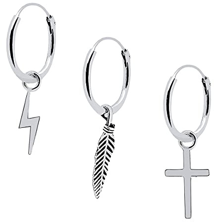 ENTREPLATA Pendientes Aro Plata 925 Unisex Set de 3 Criollas con Charms Aros Hipoalergénicos para Mujer y Hombre Colgantes Rayo Cruz y Pluma