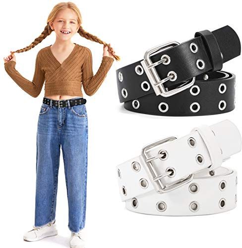 WERFORU Cinturón infantil de piel sintética para pantalones vaqueros con doble ojal, negro y blanco, für Taillenumfang unter 78 cm