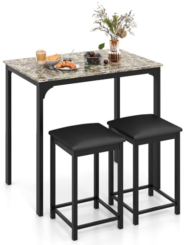 GiantexUK 3 Pieces Dining Table Set, Metal Frame Kitchen Bar Table Set with PU Leather Padded Stools, Breakfast Counter Height Pub Table and Chairs for Dining Living Room (Brown)