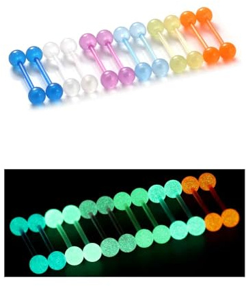 Oufksiyy 14G 16mm Glow in Dark Flexible Acrylic Straight Tongue Rings Plastic Nipple Ring Retainer Body Piercing Jewelry for Women Men 24PCS(12Pairs 14 Gauge Piercings