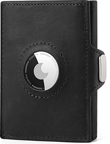 DODENSHA Airtag Mini Geldbörse mit Münzfach und RFID-Schutz I Portmonee mit Knöpfen für Herren I Slim Wallet I Karten Portemonnaie Klein | Kreditkartenetui für Herren | Crazy-Horse Schwarz