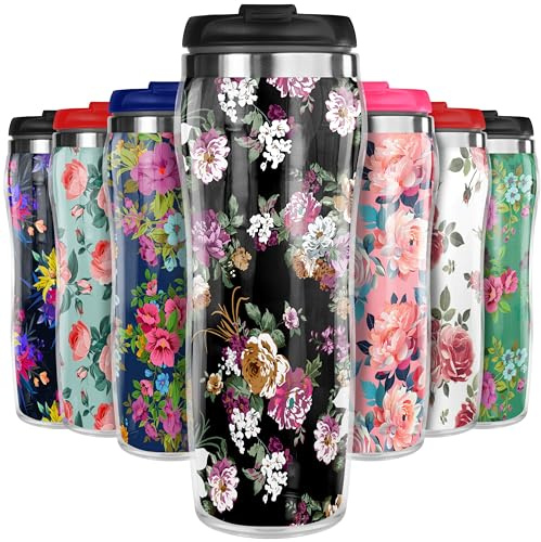 Pixly® Roses et Fleurs Tasse isotherme de voyage Café Thé, 400ml/14oz Capacité, Fleur, Motif floral - Rose intemporel