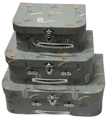 Trendi Set of 3 Decorative Storage Boxes with Lids Paperboard Suitcases, Cardboard Gift Box Memento Case Box Photo Storage Box Hat Boxes Home Decoration, Vintage Suitcases (Grey-Blue Feather)