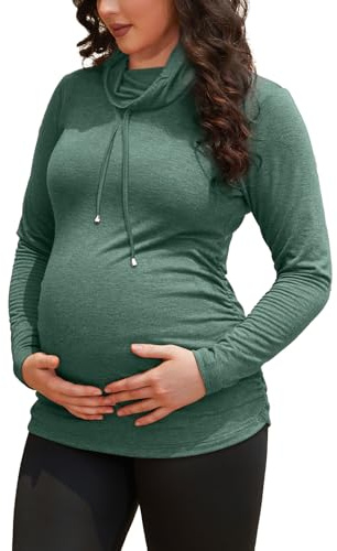 GINKANA Maternity Tops Long Sleeve Drawstring Cowl Neck Shirts Ruched Maternity Shirt,Green,M