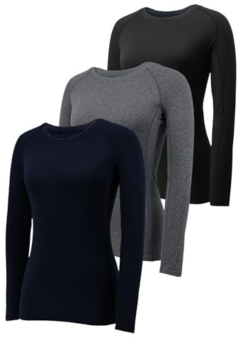 YUSHOW Confezione da 3 magliette da donna a compressione, a maniche lunghe, funzionali, per il fitness, per la corsa, traspirante, per il jogging, la palestra, per, nero+grigio+blu marino, M