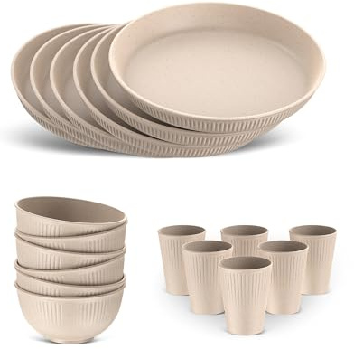 HOMGEN 18PC Camping Plastic Plates and Bowls Set Microwave&Dishwasher Safe