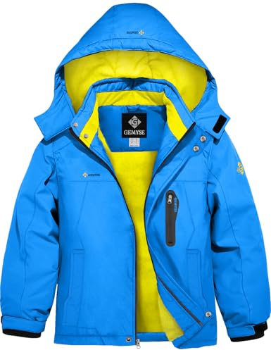 GEMYSE Veste de Ski Enfant Garçon Blouson Hiver Chaud Imperméable Coupe-Vent avec Capuche et Polaire Intérieure(Bleu Ciel avec Doublure Jaune,116-122)